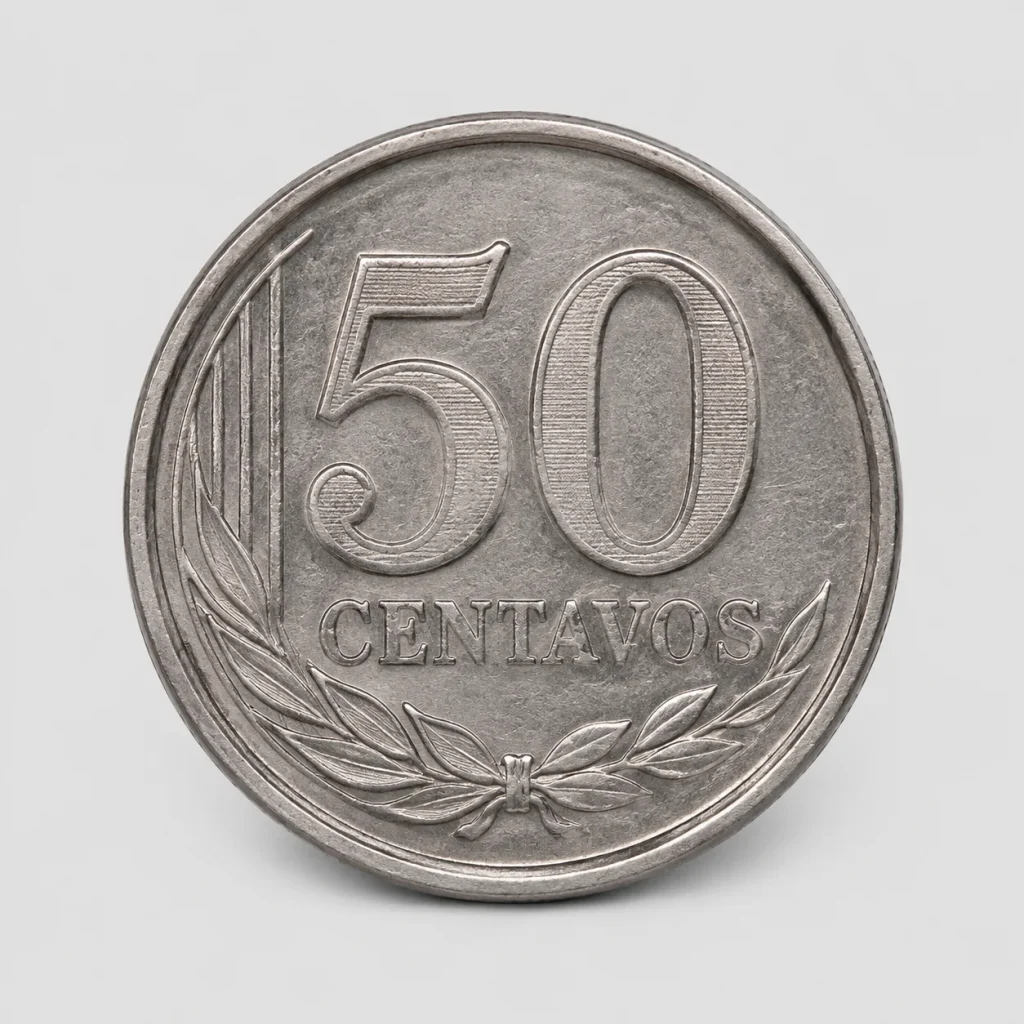 50 centavos · Brilho prateado — imagem ilustrativa